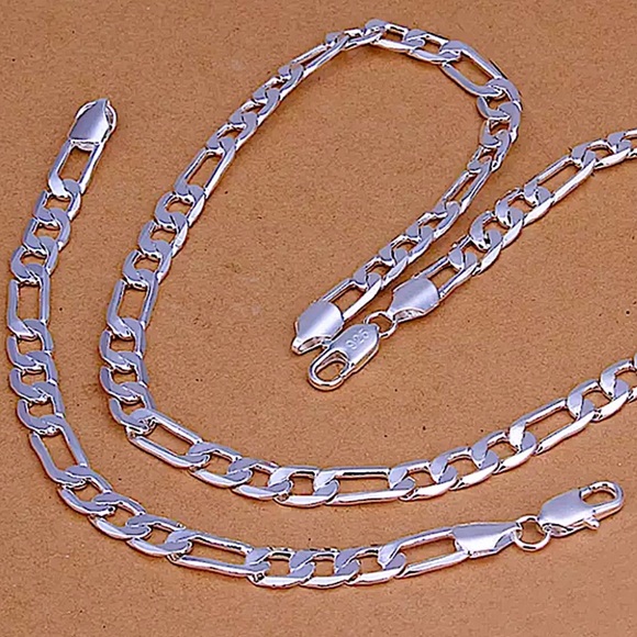 SILVER CUBAN FIGARO CHAIN LINK NECKLACE + BRACELE STERLING STMP .925 SET - Picture 2 of 7